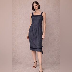 Eccoci Square Neck Sheath Sleeveless Silk Blend Midi Dress Blue Gray Size 4